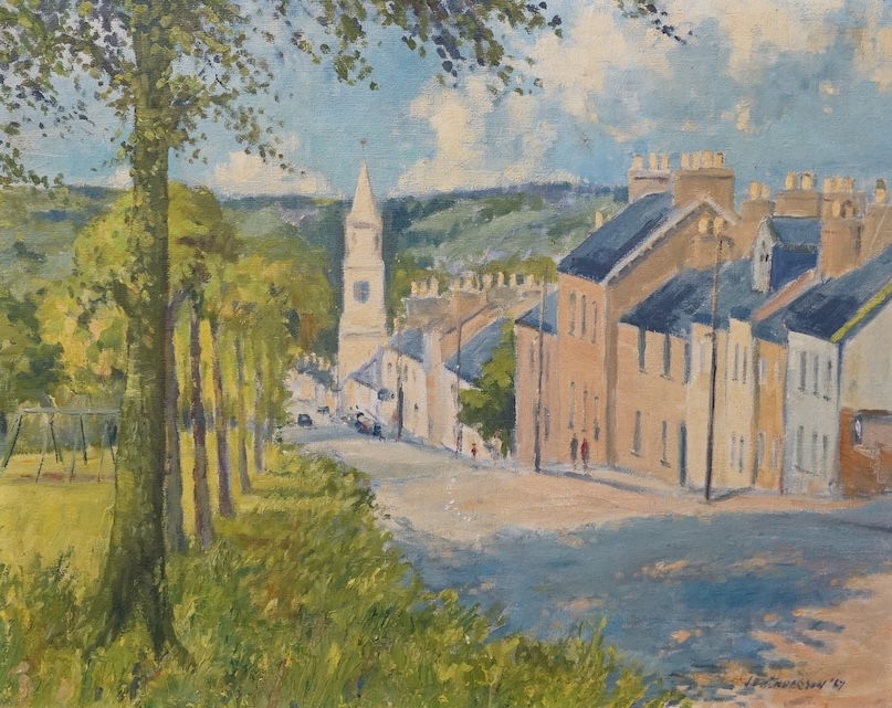 J. Henderson, mid century oil on board, street scene, signed and dated ‘67, unframed. Condition - fair
